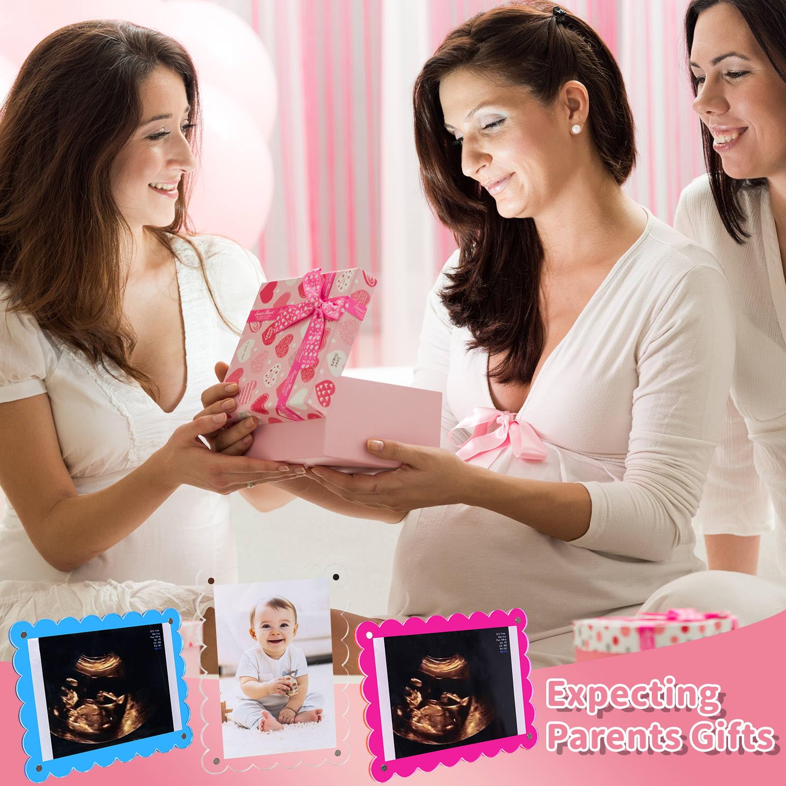 Magnetic Clear Acrylic Scalloped Baby Ultrasound Picture Frame - Sonogram Frame for Refrigerator, Display for Pregnancy Announcement, Gender Reveal & Expecting Parents Gifts(No Stand)