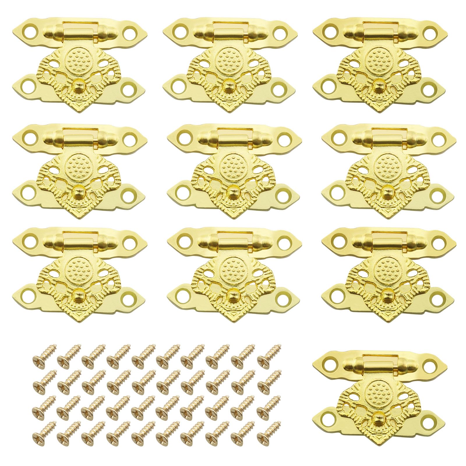 OTOTEC 10Pcs Gold Box Buckle Latch Decorative Hasp Latches Small Box Hinges Lock Antique Latch Hook Locking Hook for Wooden Box Drawer Jewellery Box DIY with Screws