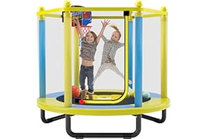 HOEE Trampoline for Kids 60''/48'' Toddler Trampoline, Outdoor Indoor Recreational Trampolines with Enclosure Net, Swing, Adjustable Gymnastics Bars, Basketball Hoop, Dartboard, Gifts for Boys & Girls