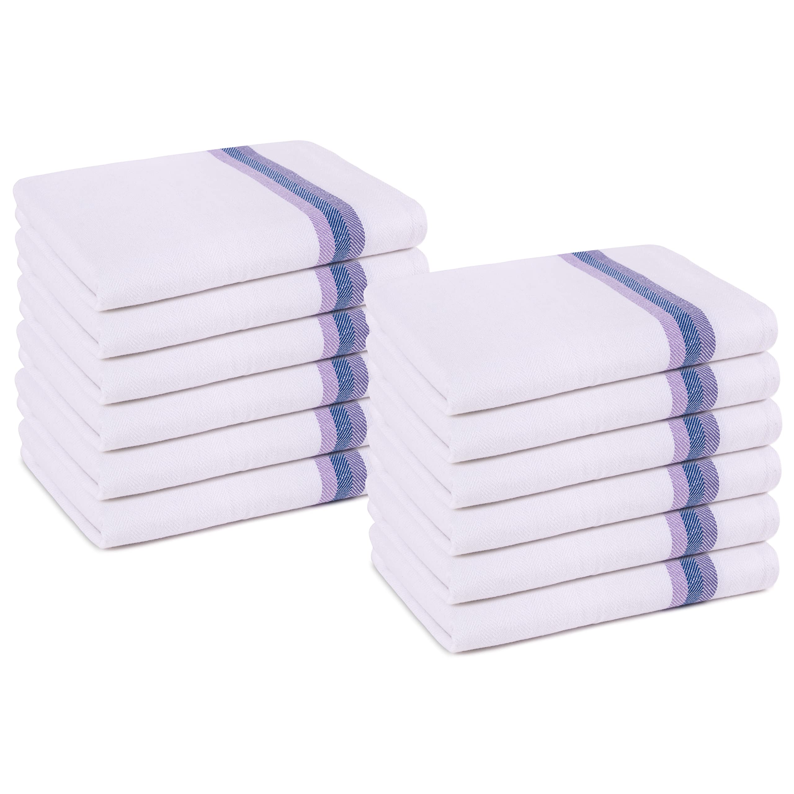 Pagnanno Tea Towels, Soft and Absorbent – Multi Pack of Large Classic Herringbone Weave, Lint Free, Cotton Kitchen Dish Towels 45x70 cm in White with blue, green and orange stripes (Purple Stripe, 12)