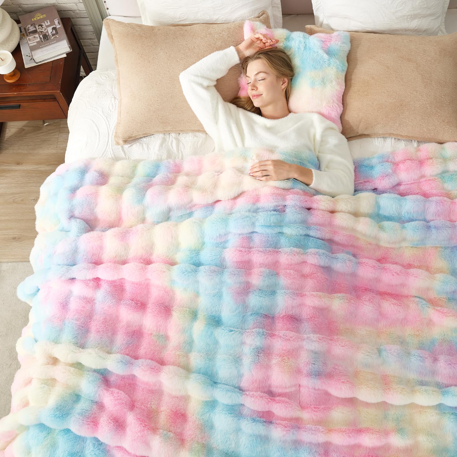 Cozy Bliss Faux Fur Throw Blanket for Couch, Bubble Plush Blanket King Size, Fuzzy Soft & Thick Blanket for Bed Sofa Living Room, 108x90 Inches Tie-dye Rainbow Image