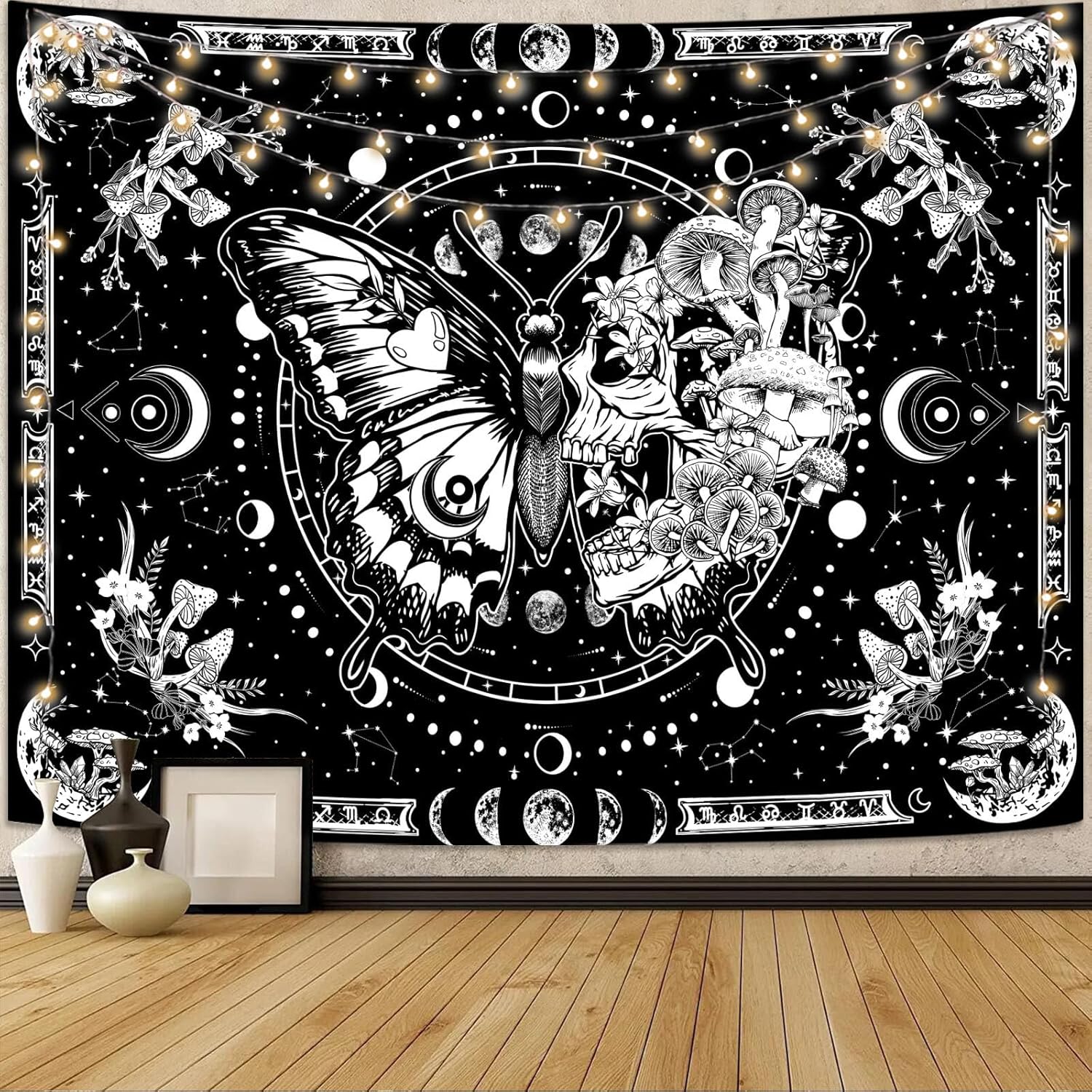 Tapestries - Fungarth Skeleton Butterfly Tapestry Black and White Skull Mushroom Plants Tapestries Hippie Aesthetic Tapestry Wall Hanging for Bedroom Living Room Dorm (Black, 80” x 60”)