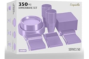EXQUISITE 350 PCS Disposable Tableware Combo Pack INCLUDES: 50 9" Lavender Plastic dinner plates| 50 7" plastic appetizer plates |50 plastic cups| 50 paper napkins| 50 plastic cutlery spoons forks & knives