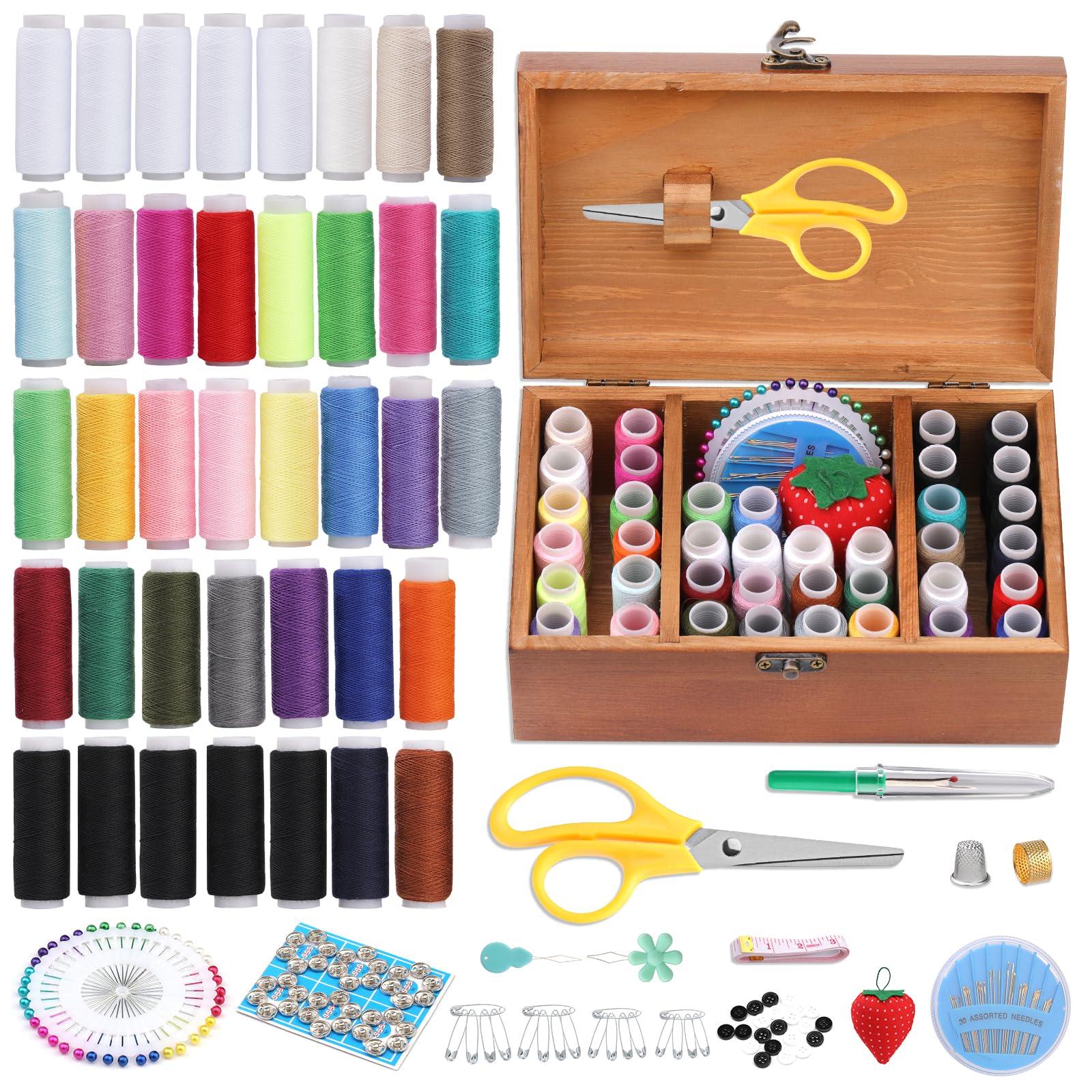 196 Pcs Sewing Accessories Wooden Sewing Box with Sewing Kit Accessories Organize Box with Needle Thimble Pin Cushion Button for Travel, Camping, Home DIY