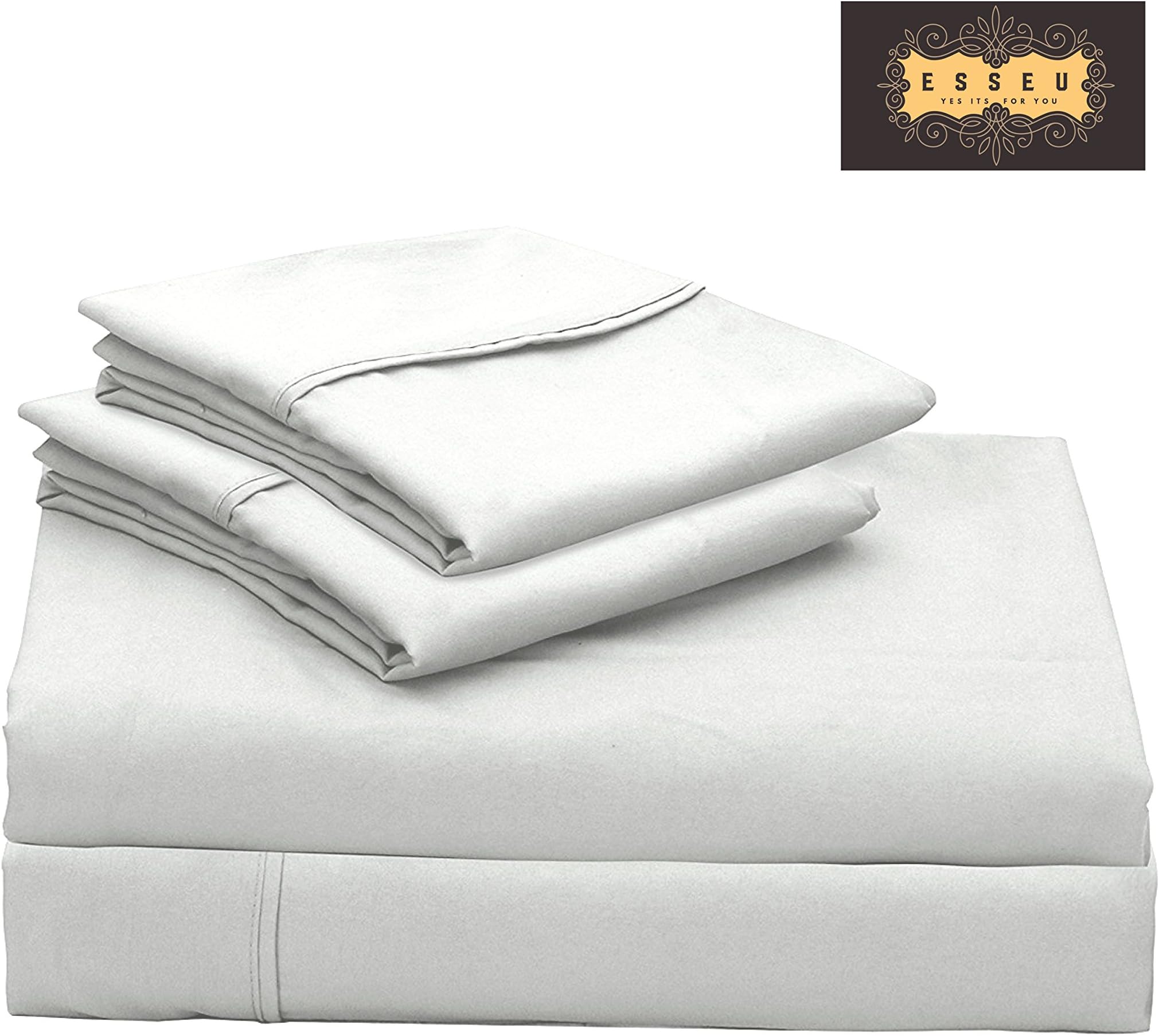 ESSEU 300 Thread Count 100% Cotton Sheet Set, Soft Sateen Weave,King Sheets, Deep Pockets,Home & Hotel Collection,Luxury Bedding Super Sale 100% Cotton,White