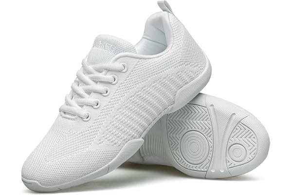 BAXINIER Girls White Cheer Shoes Lightweight Youth Cheerleading Sneakers Featuring Slip-Resistant Grip, Flexible Cushioning, and Arch Support for Dance and Training