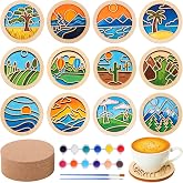 Reallnaive 12 Pcs Landscape Wood Coasters Painting Kit DIY Craft | Create Your Own Wood Set Adults Beginners Art Supplies with Brushes Included Home Decor Project