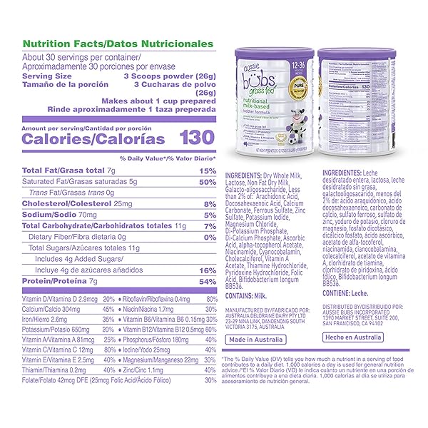 AUSSIE BUBS GRASS FED NUTRITIONAL MILK-BASED TODDLER FORMULA, FOR KIDS 12-36 MONTHS, MADE WITH NON-GMO ORGANIC MILK, 28.2 OZ