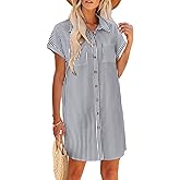 Zeagoo Womens Stripe Summer Short Sleeve Aline Flowy Tshirt Dress Loose Cotton Linen Shirt Dresses with Pockets