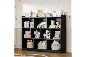 DIYART Black Bookshelf, Wood Bookcase with 3 Tier Open Shelves, 10-Cube Minimalist Storage Shelf for Living Room, Bedroom, 43.3" W x 35.4" H