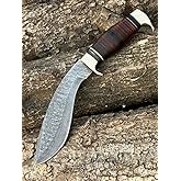Handmade Damascus Steel Kukri Knife Fixed Blade Knives with Leather Sheath, Full Tang Heavy Duty Kukries for Hunting, Hiking Camping Gift for Man.