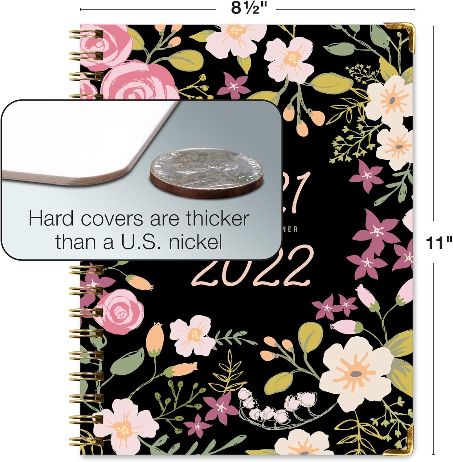 HARDCOVER Academic Year 2021-2022 Planner: (June 2021 Through July 2022) 8.5"x11" Daily Weekly Monthly Planner Yearly Agenda. Bookmark, Pocket Folder and Sticky Note Set (Black Floral) : Office Products