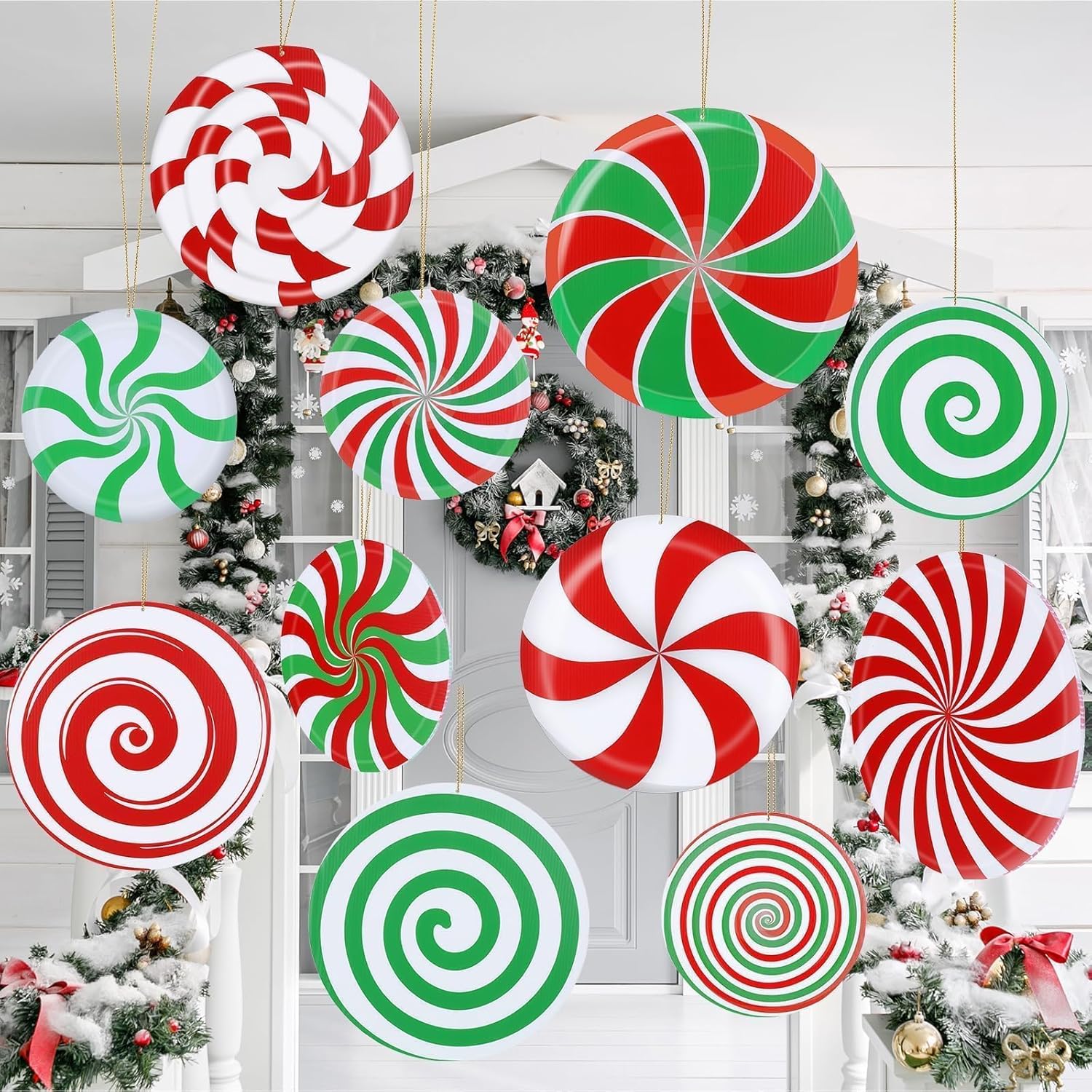 Yard Signs - 12 Pcs 12 Inch/10 Inch Large Christmas Decorations Outdoor Double Sided Christmas Yard Hanging Ornaments Holiday Porch Lawn Candy Hanging Decorations for Xmas Tree Porch Yard Decor