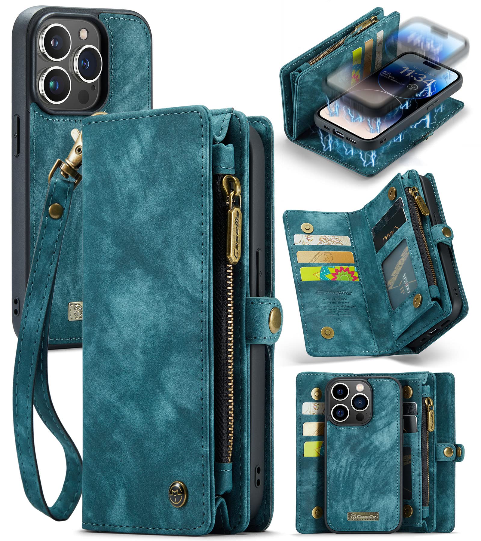 FONREST for iPhone-14-Pro Wallet Case, Leather Flip Folio Cover w/Detachable Back Cover, Magnetic Closure, 8 Card slots, Cash Slots, Zipper Pocket, Hand Strap, Horizontal Viewing Stand(Blue)