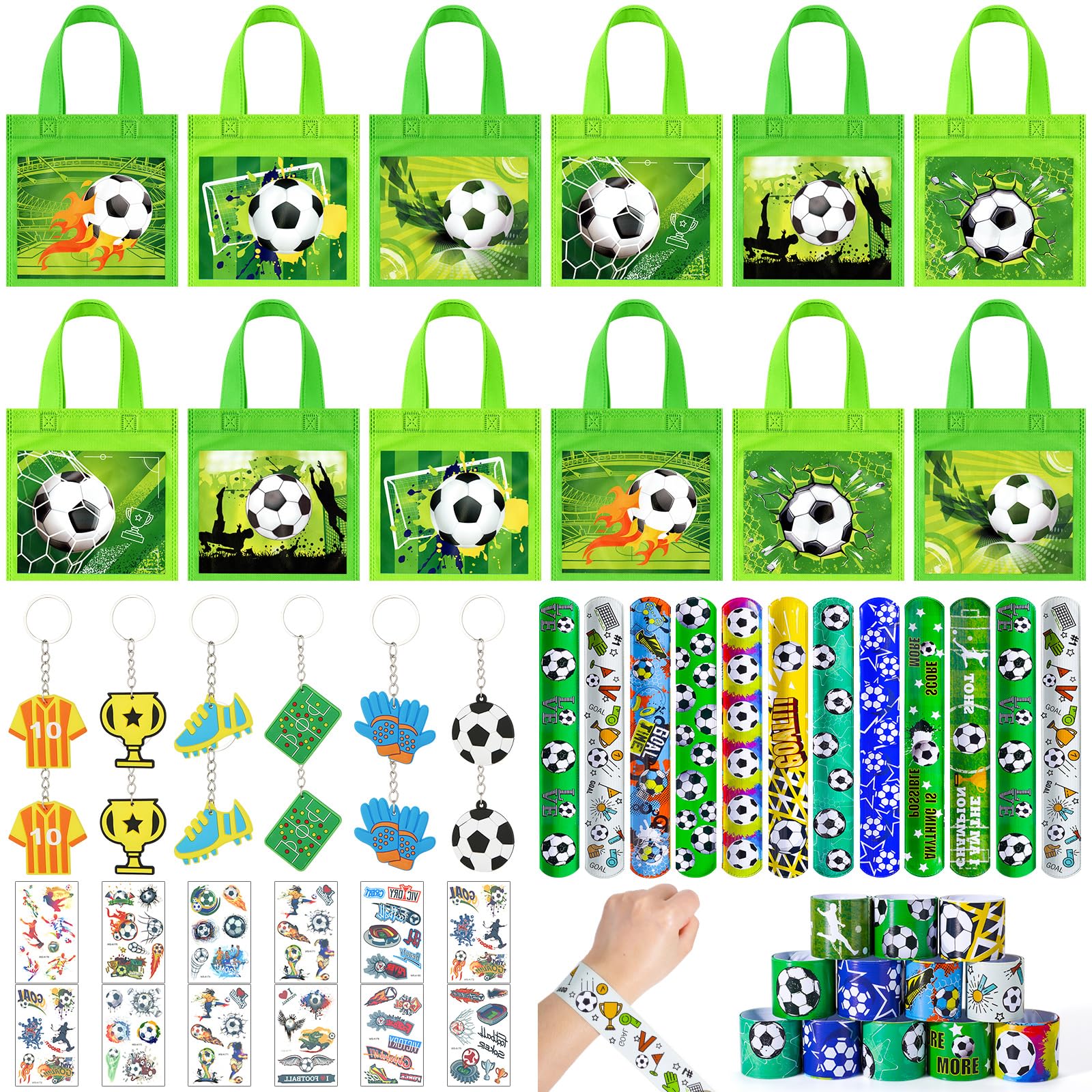 Tacobear Football Party Bags Fillers 48PCS Football Gifts for Boys Party Bags, Non-Woven Tote Bag, Slap Bands, Snap Bands, Keychains, Stickers, Temporary Tattoos Party Favours Kids for Games Prizes