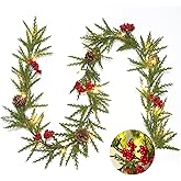 RECUTMS 6.5Ft Christmas Garland Decorations with Lights Artificial Red Berries and Pinecones Xmas Decorations for Home Wall Decor (Red Berries)