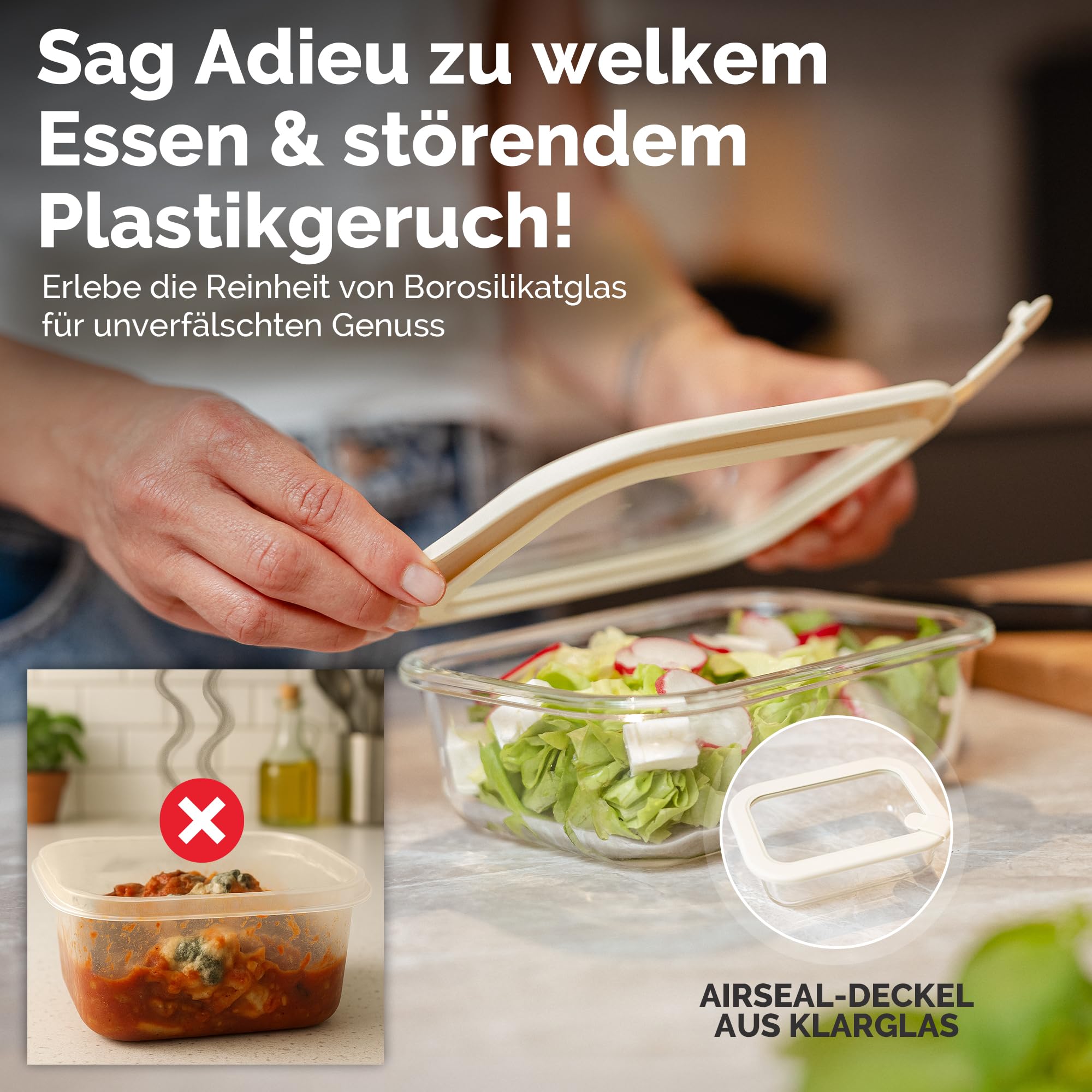 Dalena Home Frischhaltedosen Set 1x370ml, 1x640ml, 1x1020ml, 1x1520ml – Borosilikatglas, Glasbehälter luftdicht & mikrowellengeeignet, Meal Prep, Kühlschrank Organizer, Aufbewahrung Küche 5