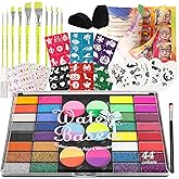 Pintada 44 Color Face Painting Kit for Kids - Non Toxic Water Activated Face Paint Palette with Stencils, Brushes, Gems & Glitter. Halloween, Carnival, Party; Costume Makeup for Creative Activities
