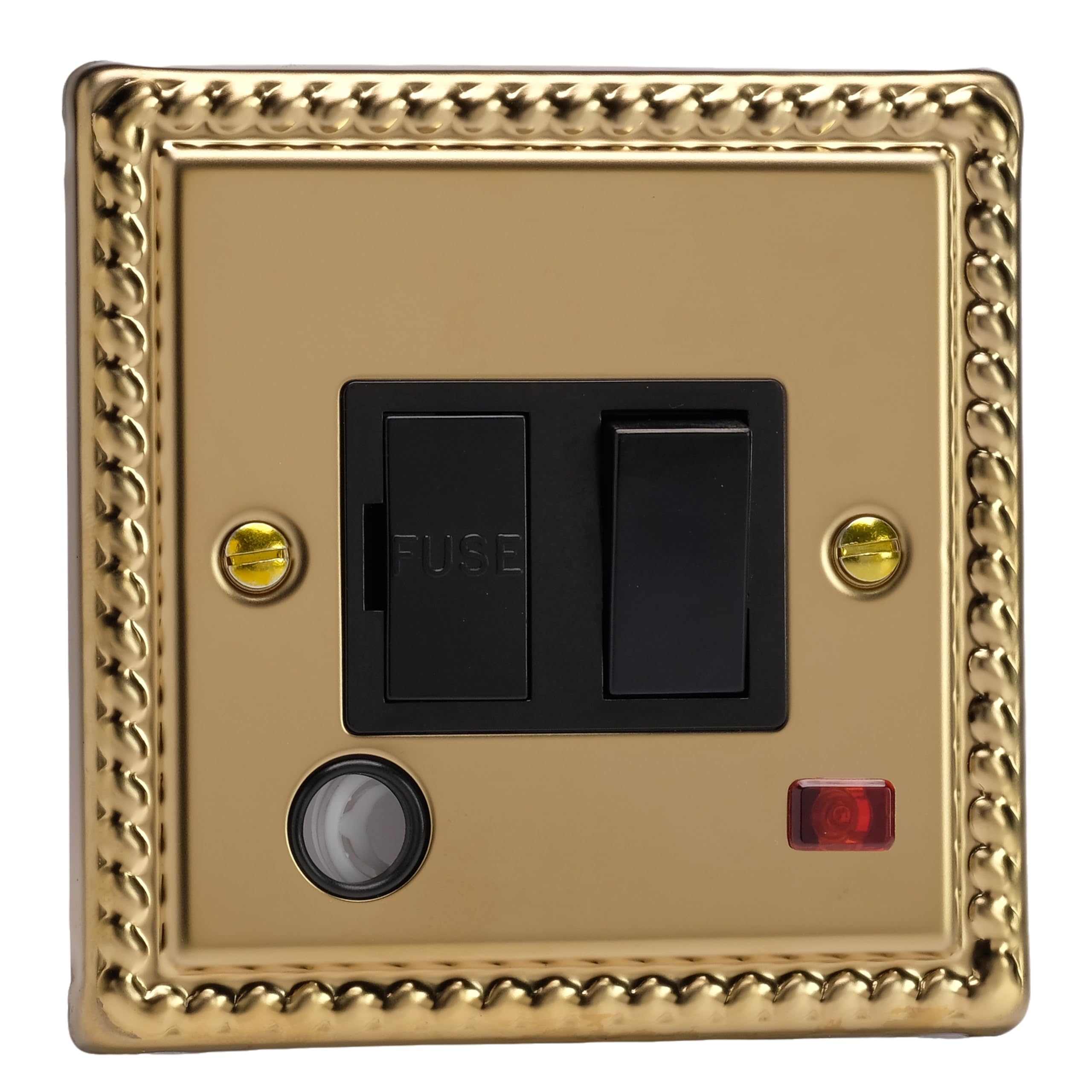 Varilight Switched Fused Spur With Neon & Flex Outlet - Classic Georgian Brass With Black Insert