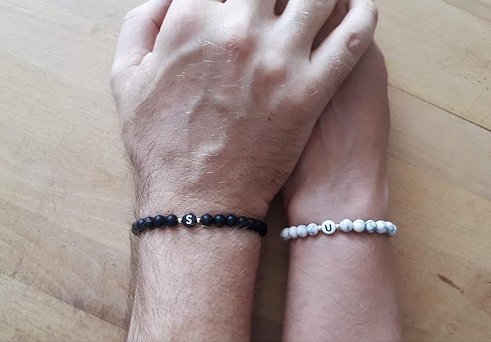 2x Partner Armband Partnerarmbänder Ying Yang Partnerarmband Schwarz Perlen Onyx Edelstein Pärchen Partner Armbänder individu