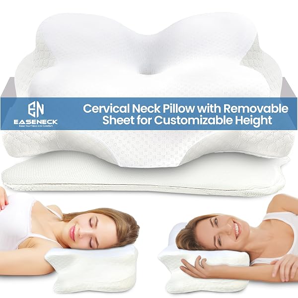 EASENECK CERVICAL NECK PILLOW FOR SLEEPING, ERGONOMIC CONTOUR SOFT NON COLLAPSING MEMORY FOAM FOR NECK AND SHOULDER PAIN RELIEF, ADJUSTABLE SUPPORT FOR SIDE BACK STOMACH SLEEPERS, COOLING PILLOWCASE