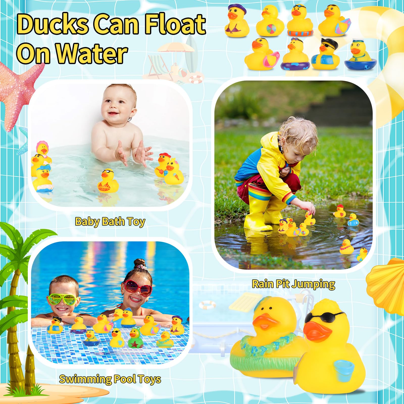 Mikulala 24 Pack Summer Rubber Duck Beach Rubber Ducks in Bulk Assorted Rubber Ducks for Duckies Games, Pool Play/Baby Bath Toys Party Favors