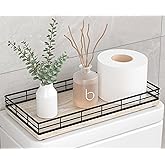 Toilet Paper Basket Organizer – Ash Wood Toilet Tank Tray with Metal Frame, Back of Tank or Top Bathroom Counter Storage – Black & Whitewashed Modern Decor