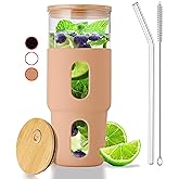 32oz Drinking Glass Tumbler with Bamboo Lid and Straw - Silicone Sleeve - Fits Car Cup Holder - Reusable Boba Smoothie Cup, Spill Proof Travel Water Bottle, Iced Coffee Tumbler, BPA Free - Amber.