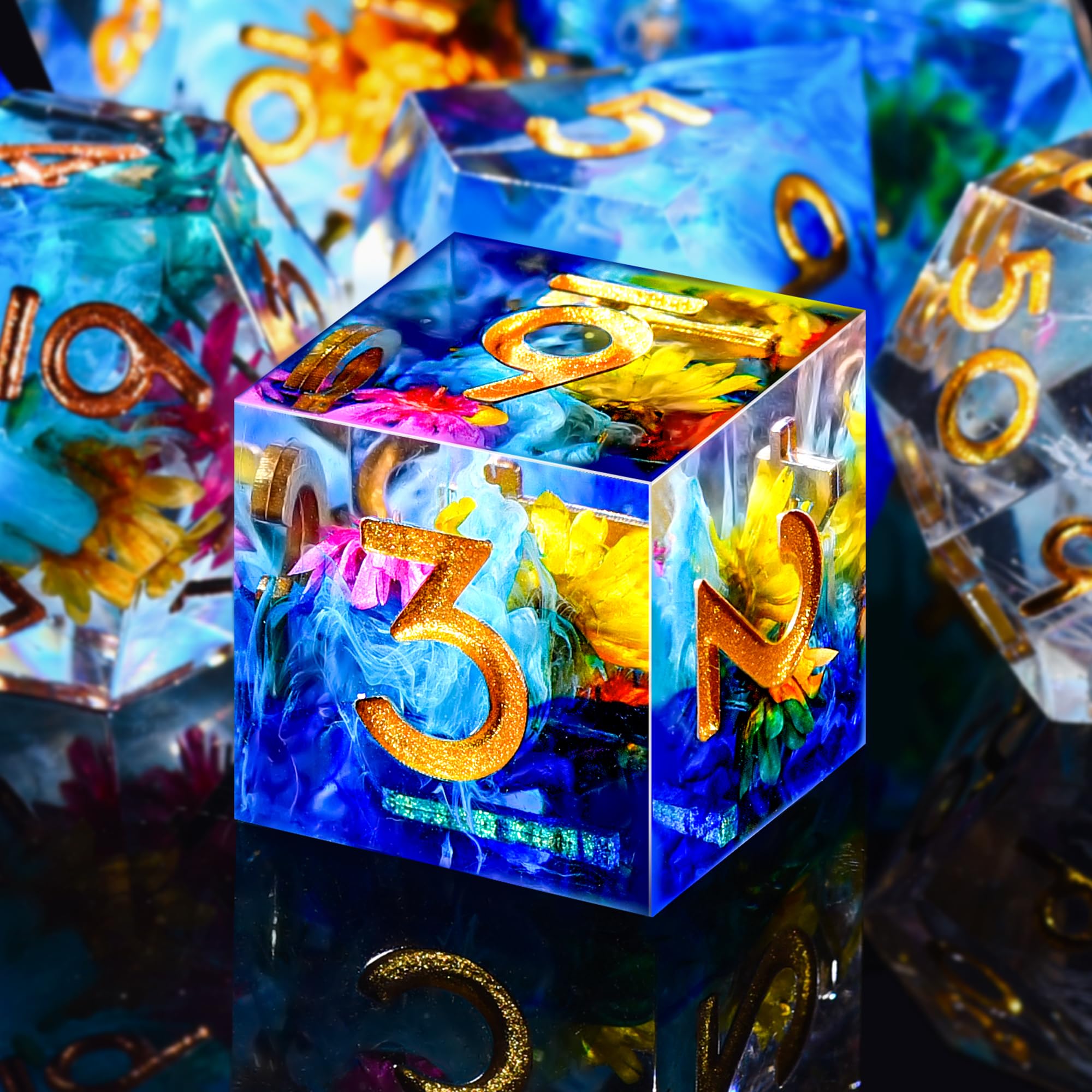 AUSTOR 7-Die DND Dice Set, Handmade Sharp Edge DND Resin Polyhedral Dice for Dungeons and Dragons RPG MTG Table Games(Ink Blue Flower)