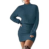 Velvelhall Women's Pullover Sweater Dress Long Lantern Sleeve Ribbed Knit Mock Neck Ruched Bodycon Casual Mini Dress 2025