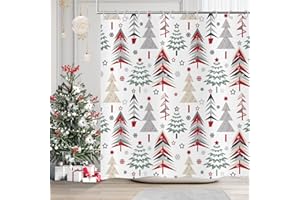 GCIREC Merry Christmas Shower Curtain, Christmas Tree Red Stars Snow Snowflake New Year Winter Bathroom Curtain Waterproof Fabric Washable 12 Hooks