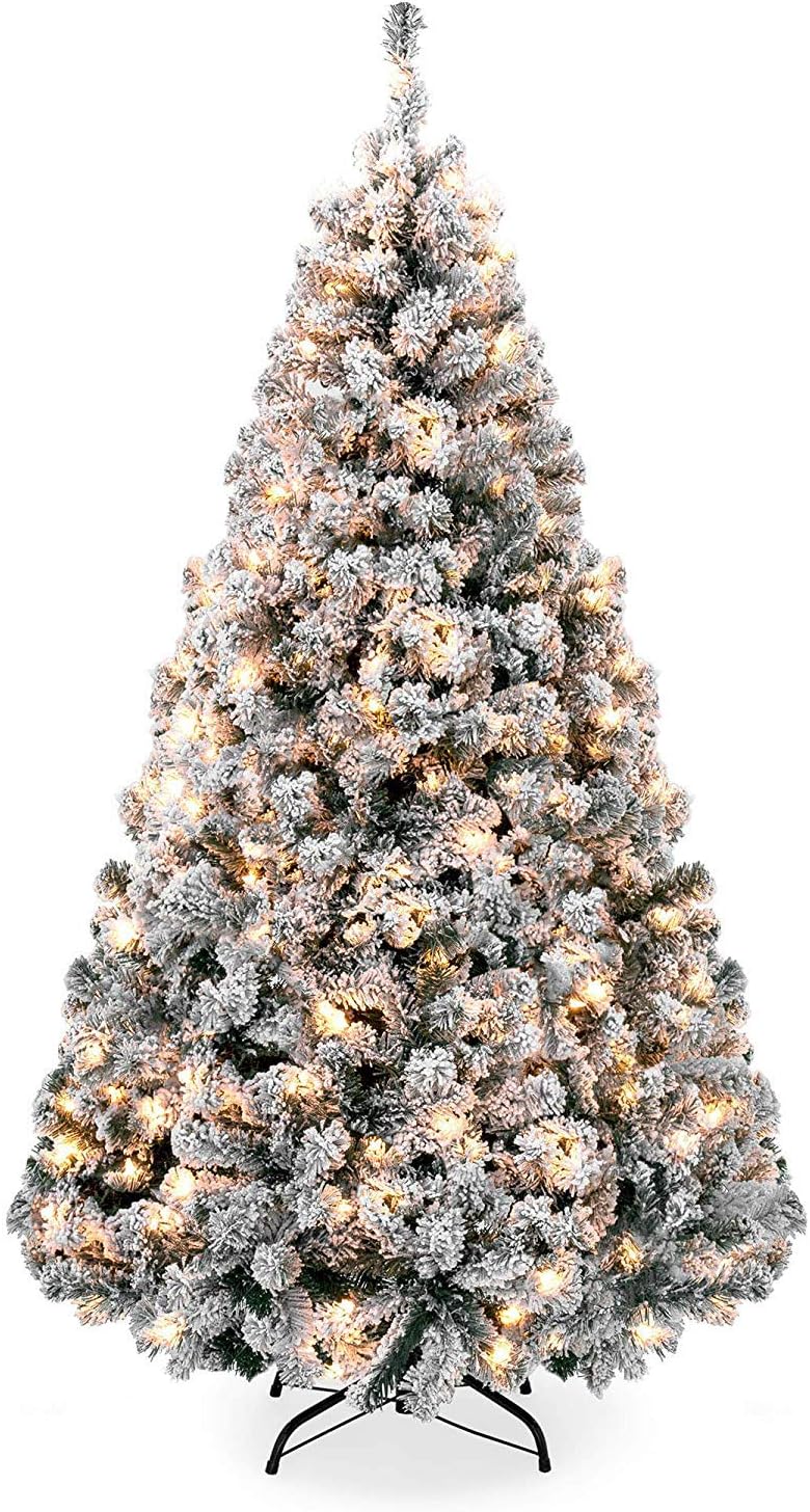 YFjyo Pre-lit Snow/Flocked Artificial Christmas Tree, Premium Hinged Pine Tree w/Warmer LEDs for Indoor and Outdoor Holiday Decoration