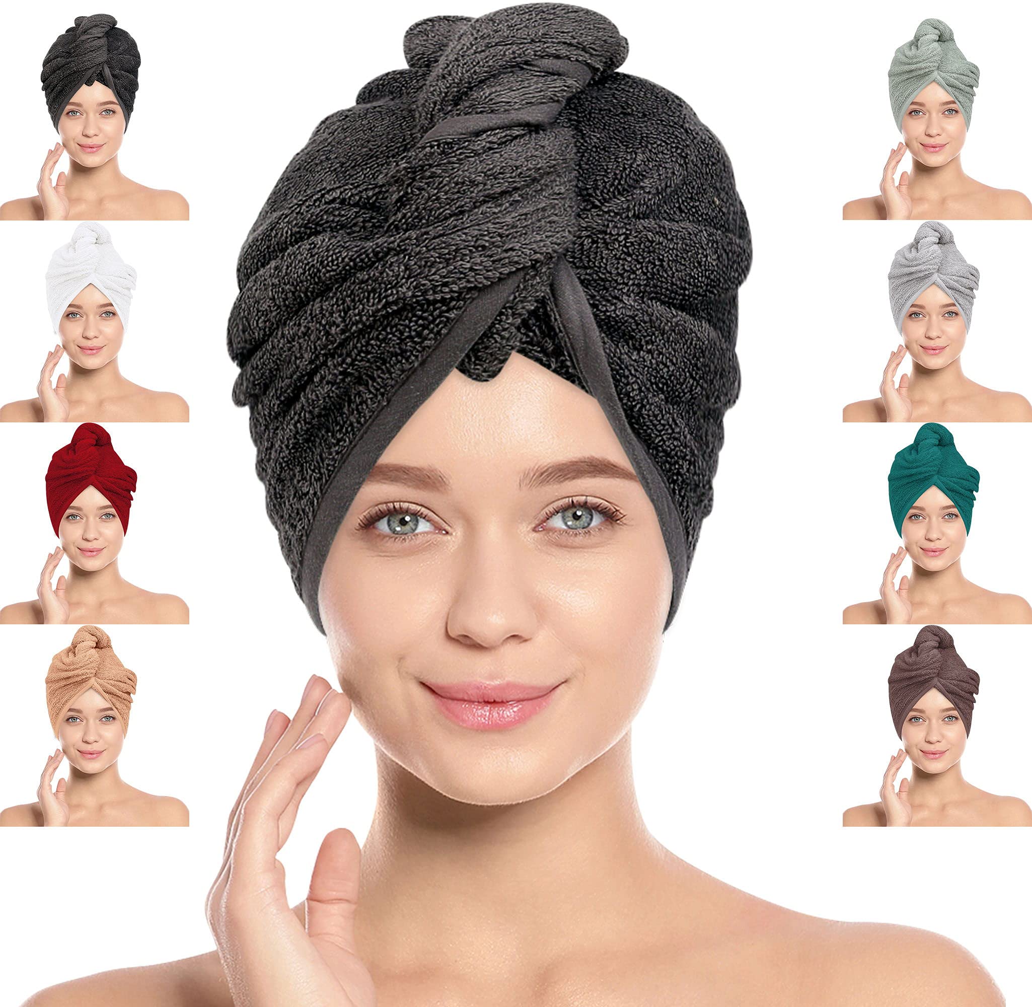 LOOMKNIT Hair Towel Wrap Lightweight Turban, Instant Drying 100% Cotton Hair Cap Super Quick Absorbent Anti-Frizz Twist Toweling Dry Hat with Button and Loop for Long Curly Hairs, 61 x 24CM