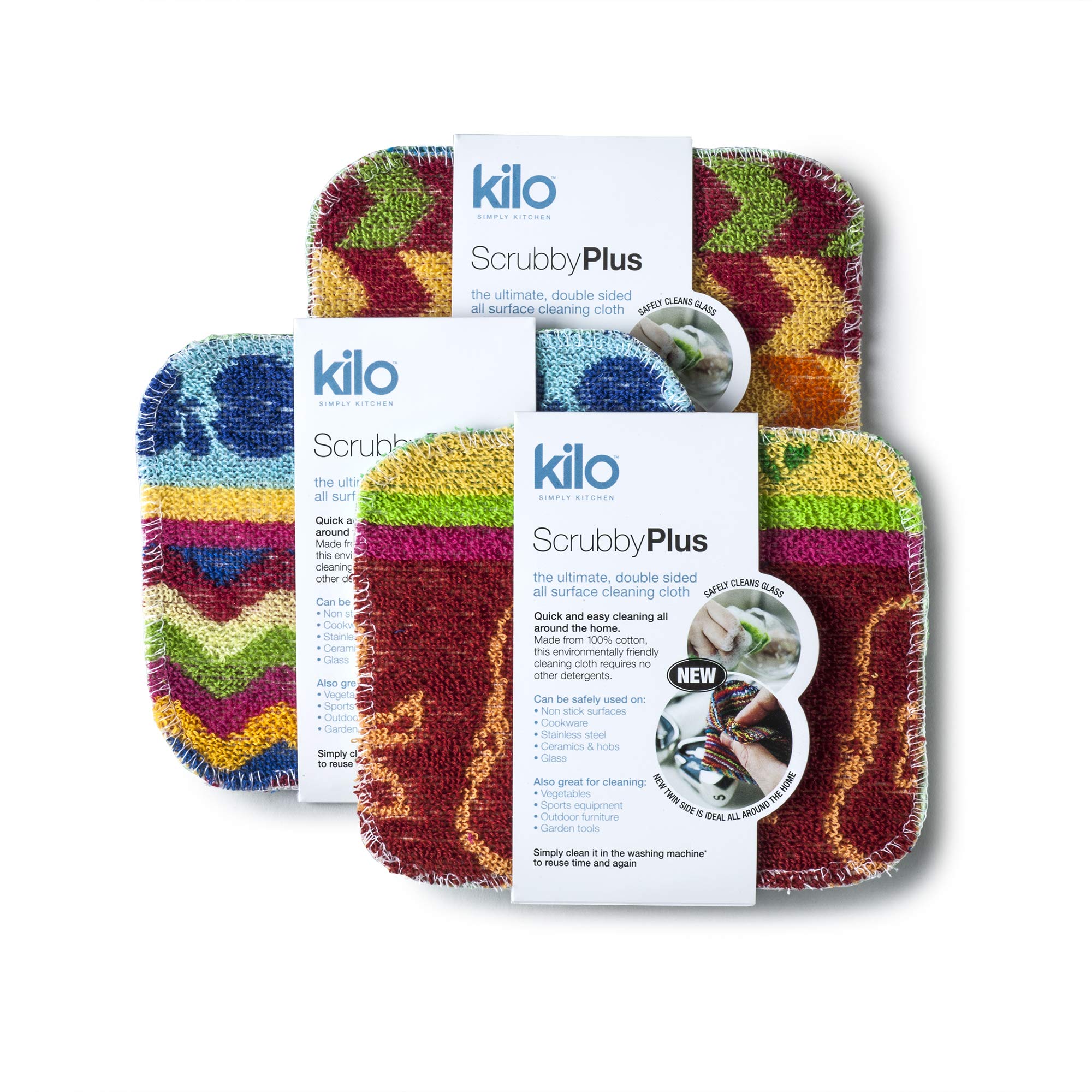 Kilo LSET25 Scrubby Plus-Non-Scratch Scourer with Delicate Cleaning Cloth Side, Multi-Purpose-Set of 3, Colour, One Size
