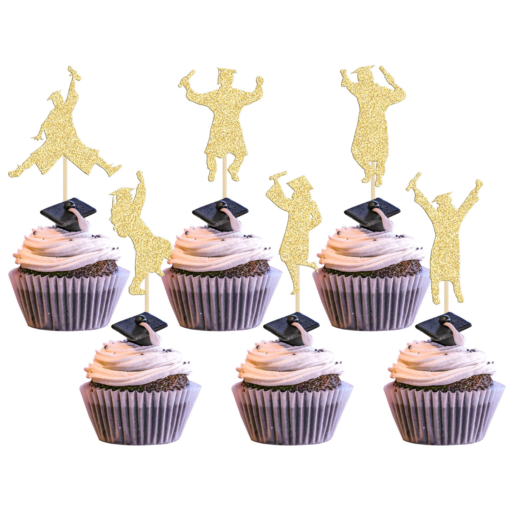 Gyufise 24Pcs 2026 Student Graduation Cupcake Toppers Glitter Class of 2026 Boys Girls Graduate Cap Cupcake Picks for 2026 Graduation Theme Party Cake Decorations Supplies Gold