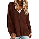 Meyhad Women’s V Neck Knitted Cardigan Long Balloon Sleeve Button Down Front Sweater Casual Contrast Knitwear