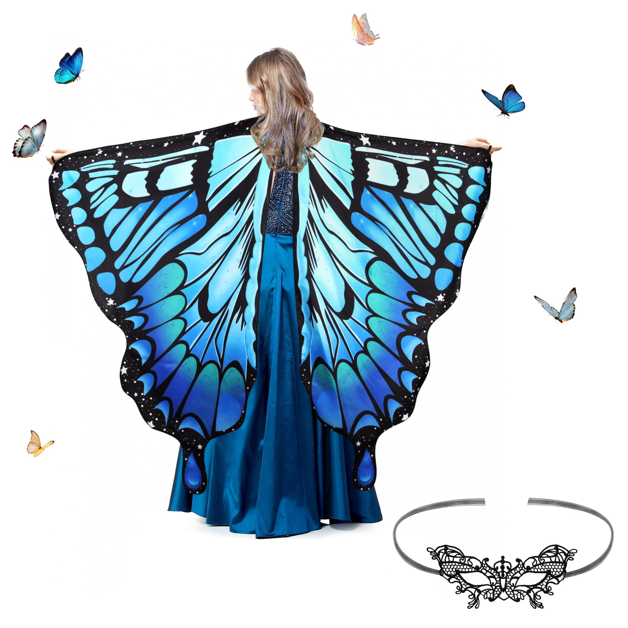 Kaket Butterfly Wings Adult Women with Mask, Womens Butterfly Wings Cape Fancy Dress Up, Butterfly Wings Shawl Adult for Halloween Christmas Party Cosplay Dancing (Style 3- Blue & Green)