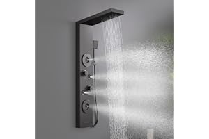 ROVATE Shower Panel Tower System with Rainfall Shower, Elegant Matte Black Shower Tower with Powerful Body Massage Jets, Handheld and Tub Spout, Stainless Steel Shower Column High Pressure