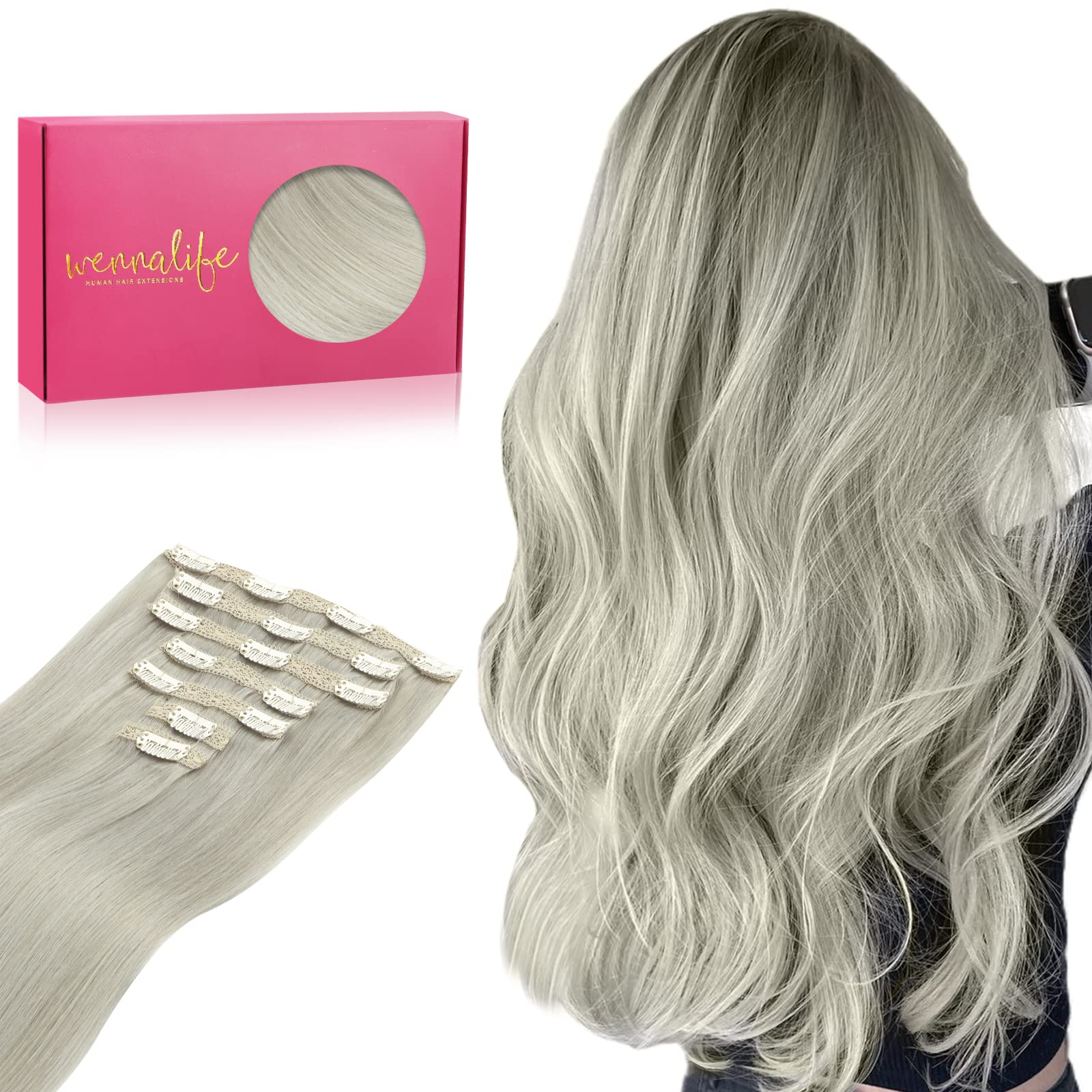 Wennalife Hair Extensions Clip In, 22 Inch 120g 7pcs Clip in Hair Extensions Real Human Hair Grey Hair Extensions Clip In Real Hair Coloured Remy Human Hair Extensions — image 1