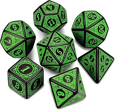 QMay DND Dice Polyhedral Set 7 Pieces Green Engraving D20 D12 D10 D8 D6 D4