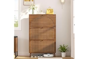 Fsbecl Shoe Storage Cabinet for Entryway with 3 Flip Drawers, Narrow Shoe Organizer with Fluted Panel, Freestanding Wood Hidden Shoe Cabinet for Foyer, Hallway (Walnut, 3 Flip Drawers)