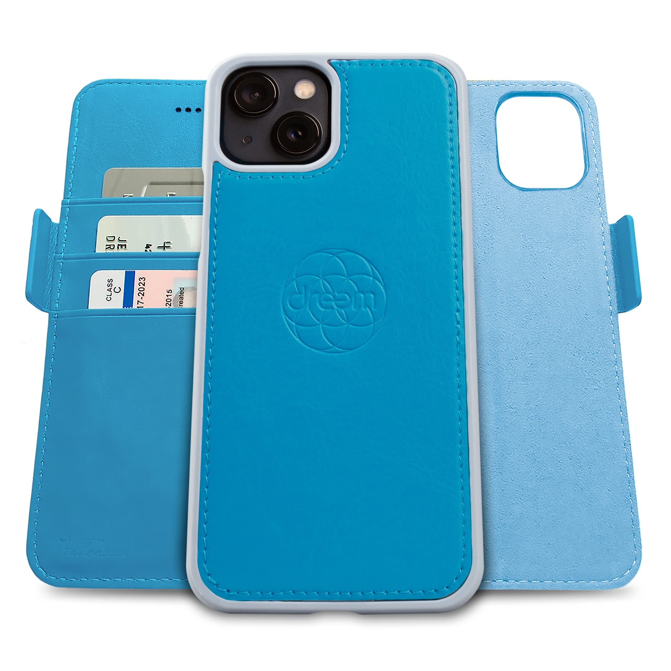 dreem Fibonacci wallet case compatible with iPhone 13 Mini / 2-in-1 shockproof case and detachable vegan leather folio, MagSafe compatible, RFID protection [Sky]