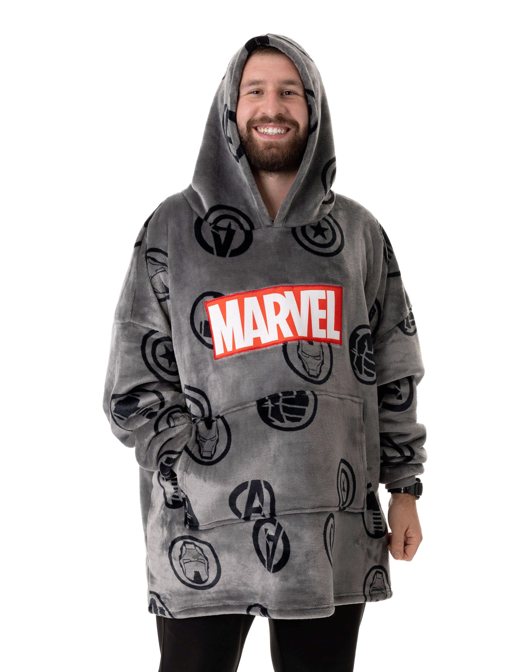 Marvel Avengers Mens Wearable Blanket Hoodie | Grey Pullover with Avengers All Over Print Graphic Icons | Adults One Size Sherpa Lined Hooded Loungewear | Superhero Comic Book Movie Merchandise Gift