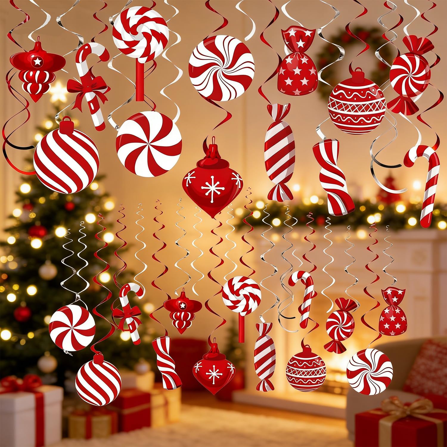 Norhogo 26PCS Christmas Hanging Swirl Decoration Kit, Ceiling Christmas Decorations, Hanging Foil Swirl Decorations Candy Ceiling Decorations Xmas Ceiling Decor for Christmas Holiday Party Supplies