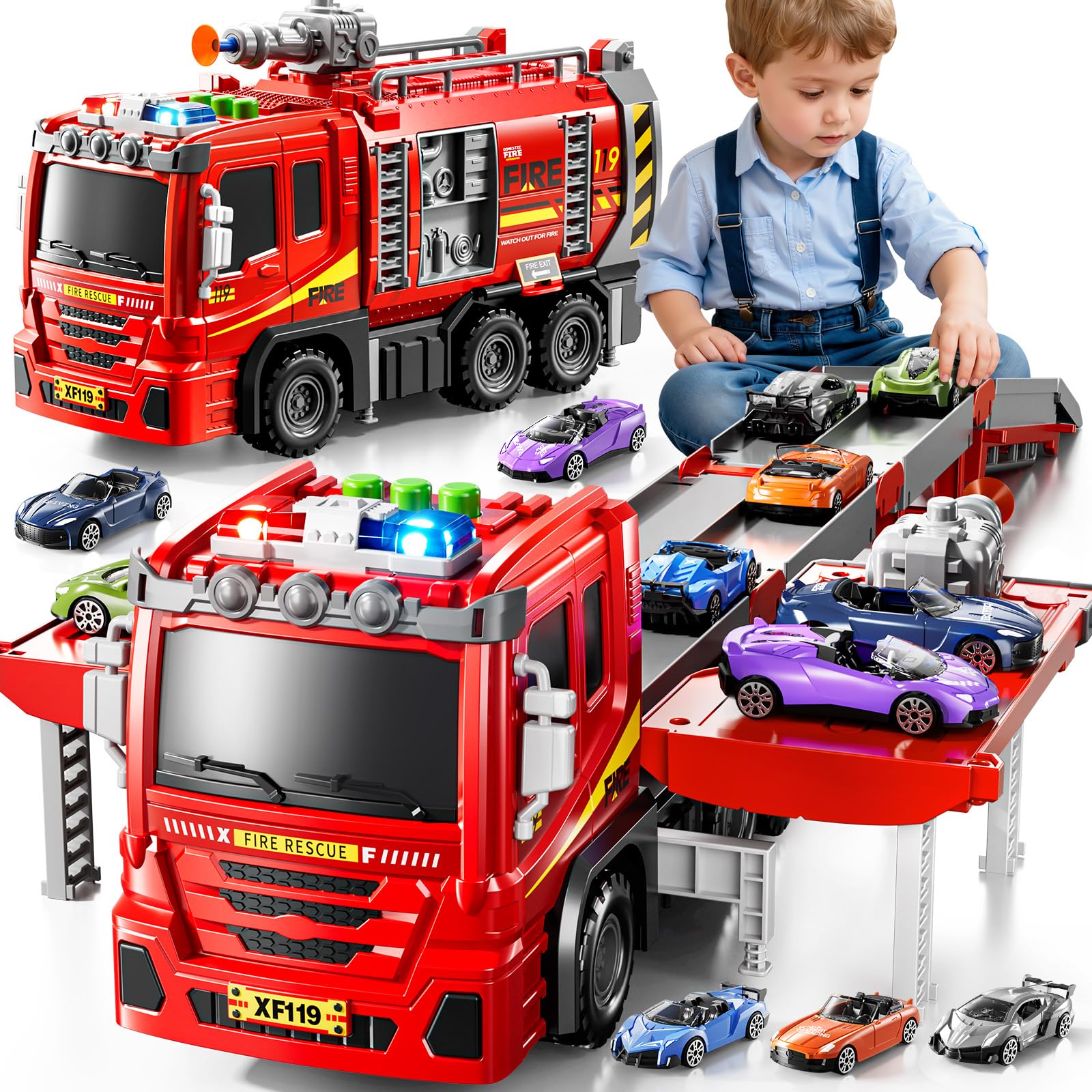 DULONIME Fire Trucks for Toddlers 1-3, Firetruck Toys for Toddlers 1-3 3-5, Folded Carrier Truck Race Track with 6 Racing Car Toys, Light Sound, Birthdays for Kids Girls Aged 3-9