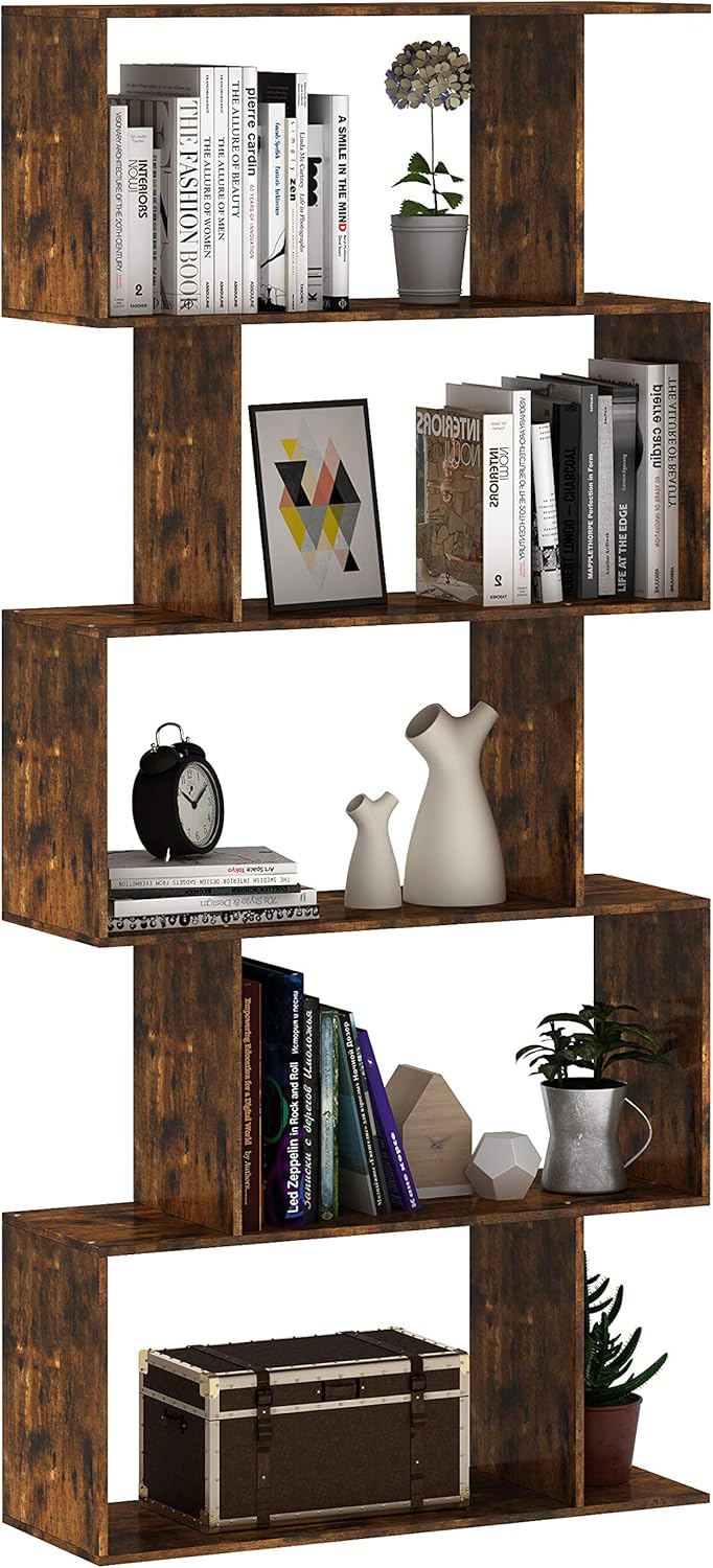 Gadroad S Shaped Wood Bookcase Industrial Z-Shelf Bookshelf for Home Office, Industrial Decor Furniture Display Shelf and Room Divider for Living Room,Rustic Brown