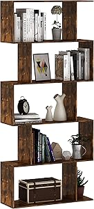 Gadroad S Shaped Wood Bookcase Industrial Z-Shelf Bookshelf for Home Office, Industrial Decor Furniture Display Shelf and Room Divider for Living Room,Rustic Brown