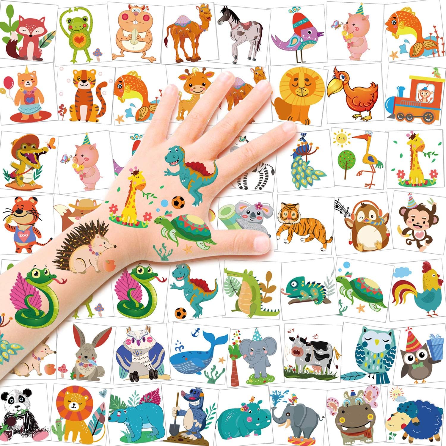 HOWAF 96pcs Animal Temporary Tattoos for Kids Dinosaur Giraffe Elephant Zebra Lion Panda Monkey Animal Tattoo Sticker for Children Animal Birthday Party Favors Supplies Kids Party Bag Filler Gift
