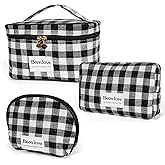 FAELBATY Makeup Bags for Women, 3 PCS Large Travel Makeup Bag Set, Checkered Fabric Cosmetic Bag for Toiletry (Black)
