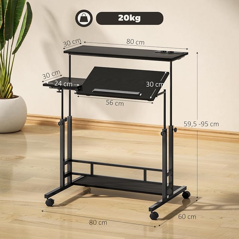 Bureau réglable en Hauteur, roulettes, USB, 80x60 cm, Noir